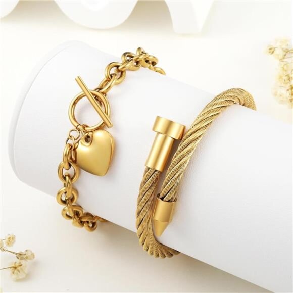 18K Gold Plated Nail Bracelet Set, Adjustable Stackable Bangles for Women - Picture 5 of 6